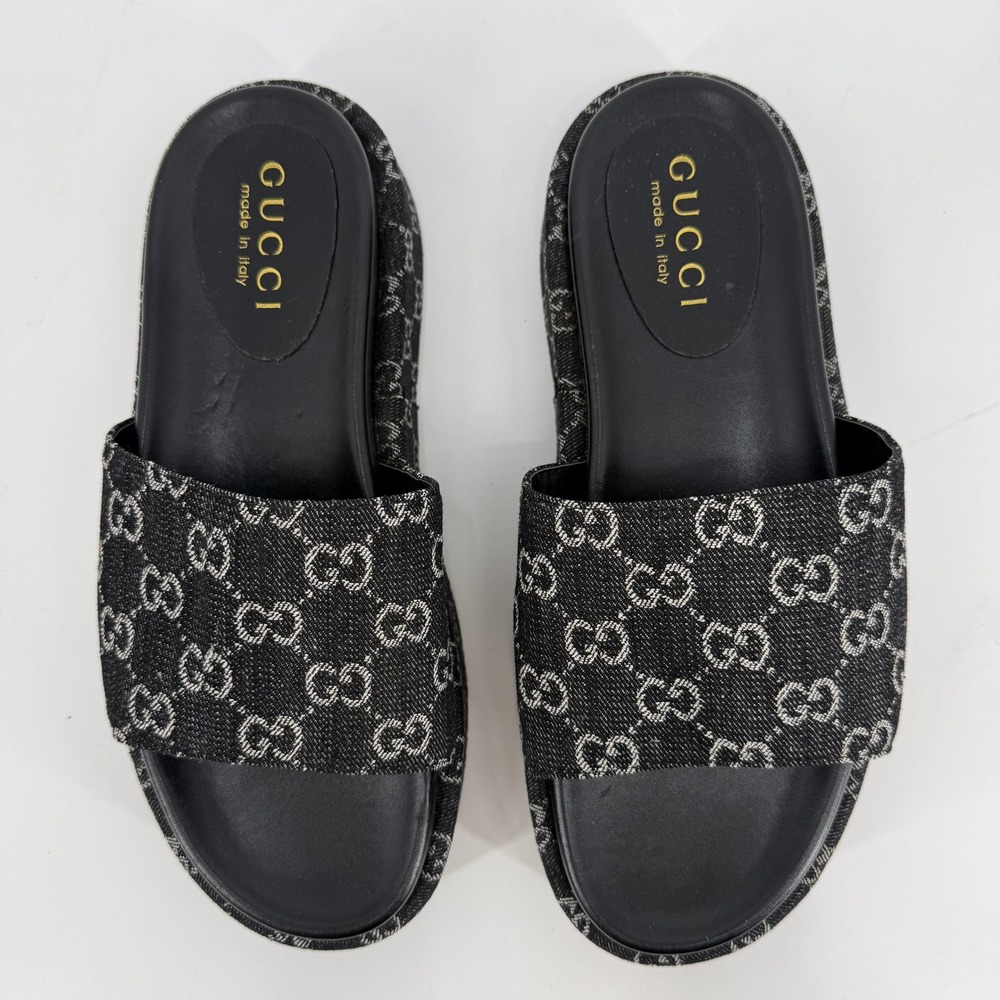Gucci Platform Slides Womens 42/US 12 Black GG Monogram Denim Sandals Condition - Picture 3 of 9